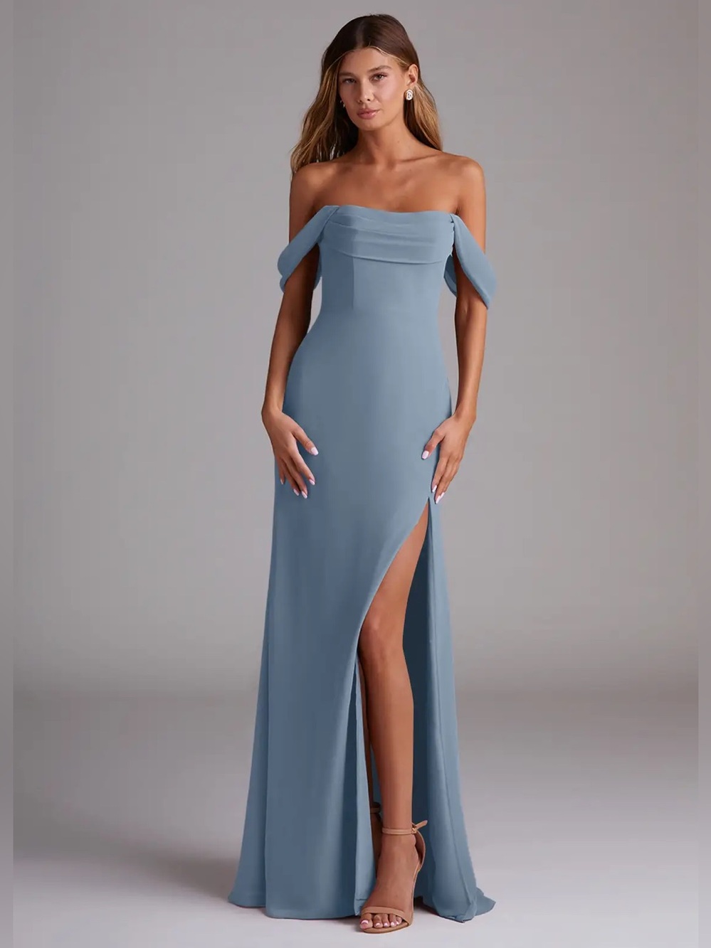 Azazie Saige Dusty Blue A-Line Off the Shoulder Chiffon Bridesmaid Dress A10